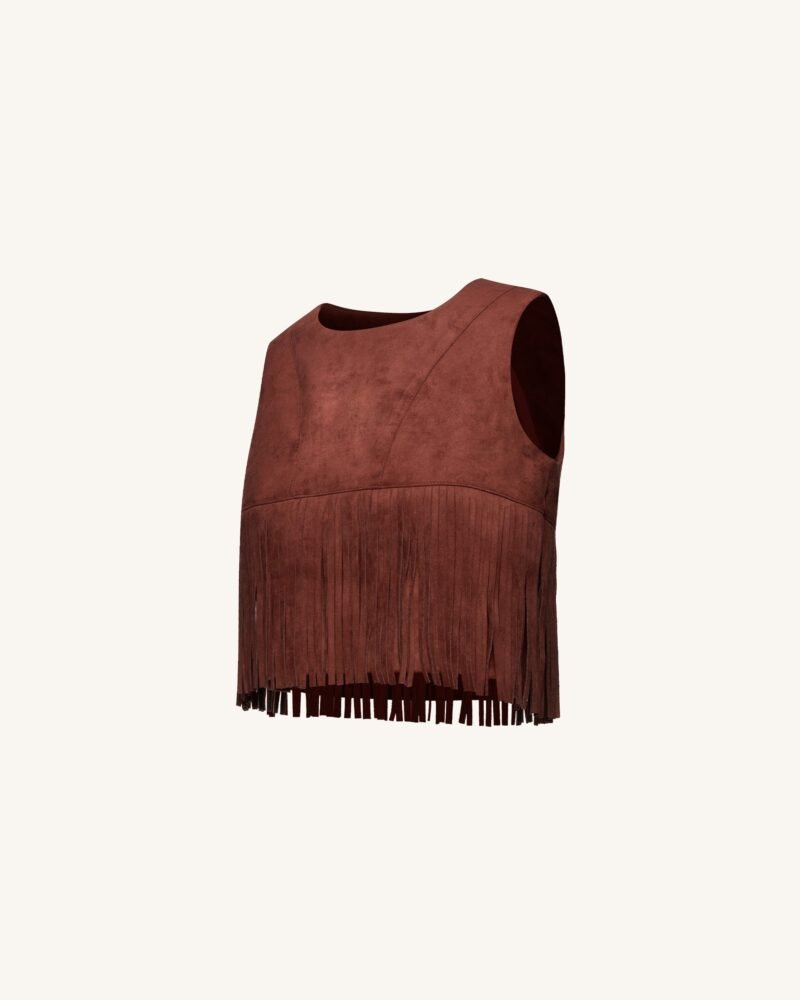 Faux Suede Fringe Halter - Burgundy - Image 3
