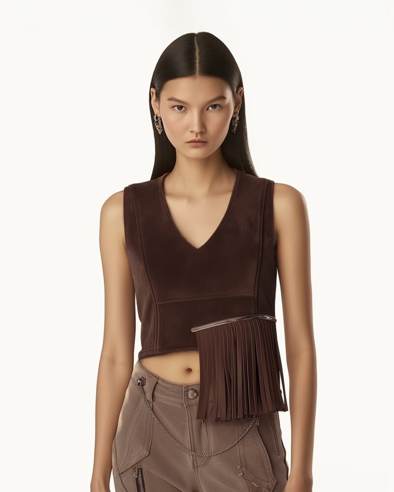 Faux Suede V-Neck Fringe Top - Chocolate Brown - Image 1