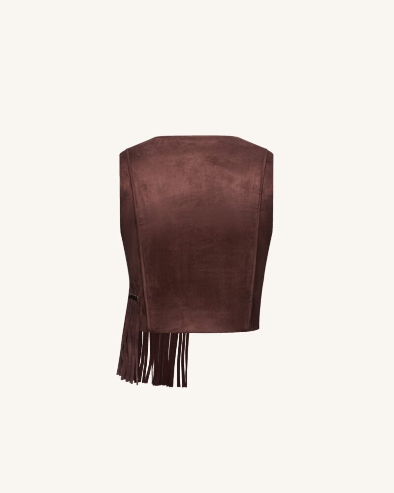 Faux Suede V-Neck Fringe Top - Chocolate Brown - Image 4