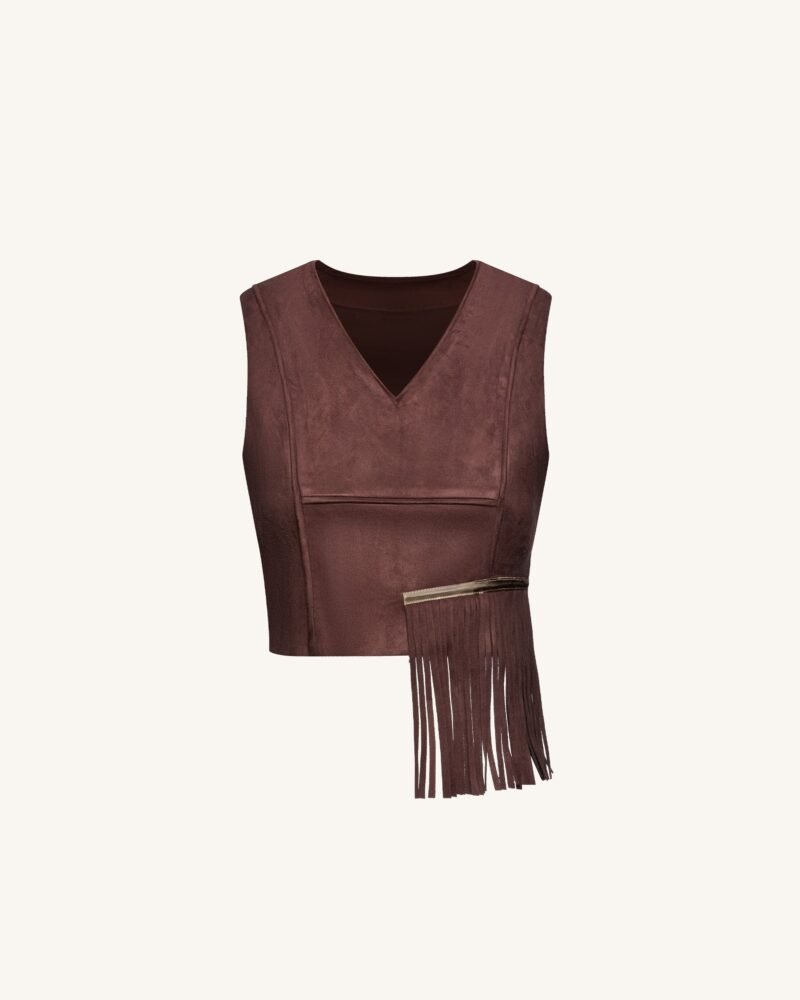 Faux Suede V-Neck Fringe Top - Chocolate Brown - Image 2