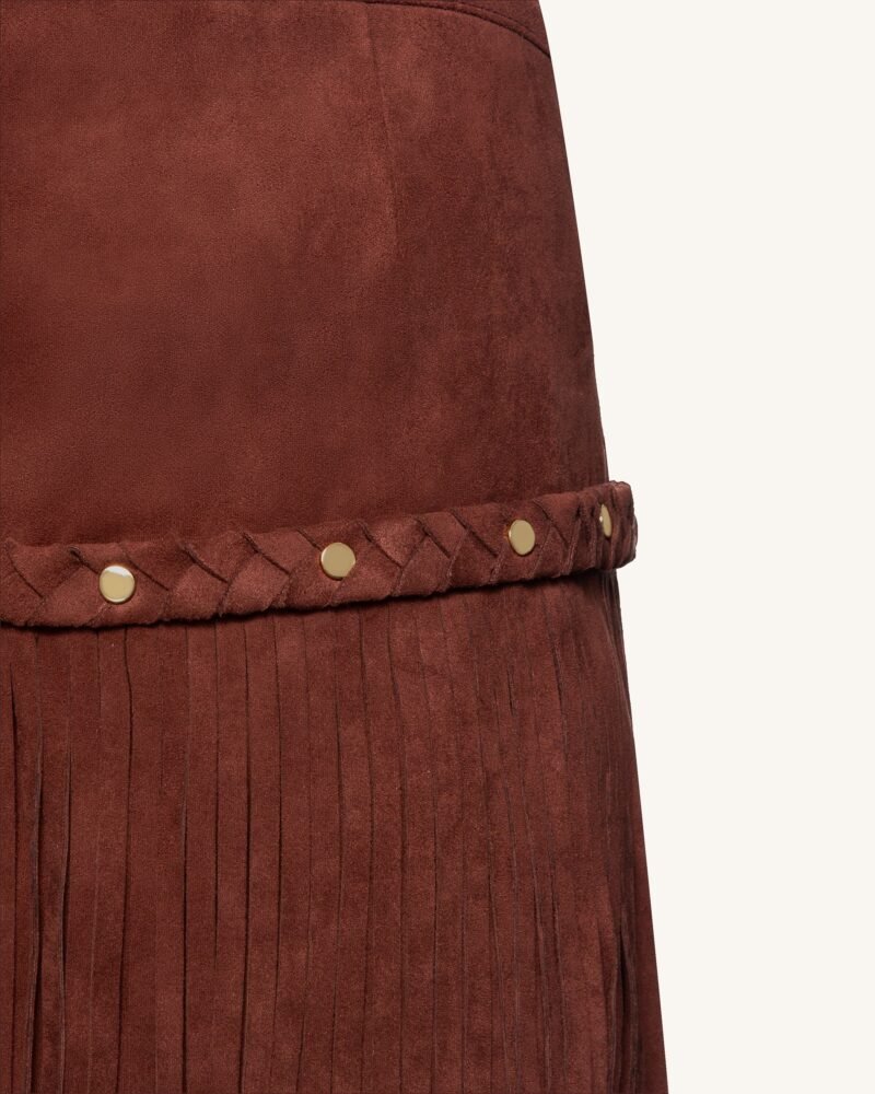 Western-Style Sueded Fringe Skirt - Burgundy - Image 4