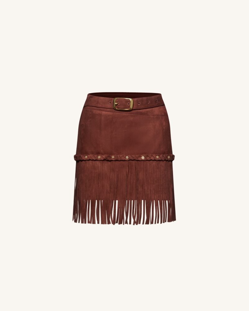 Western-Style Sueded Fringe Skirt - Burgundy - Image 1