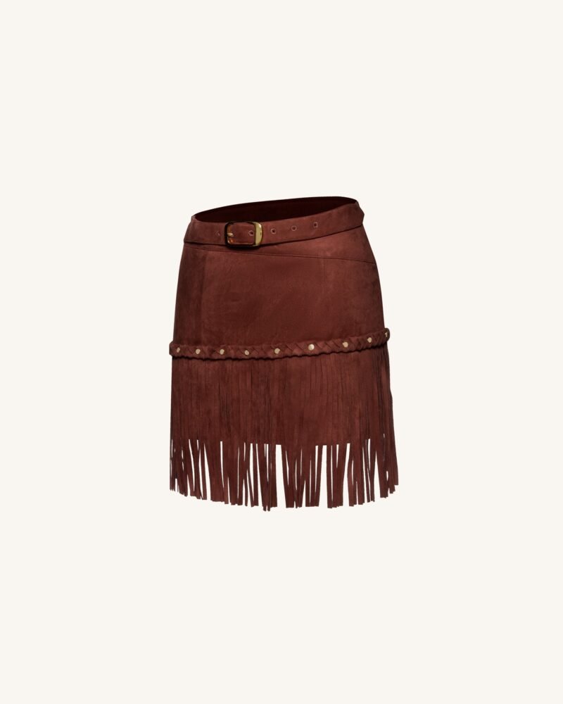 Western-Style Sueded Fringe Skirt - Burgundy - Image 2