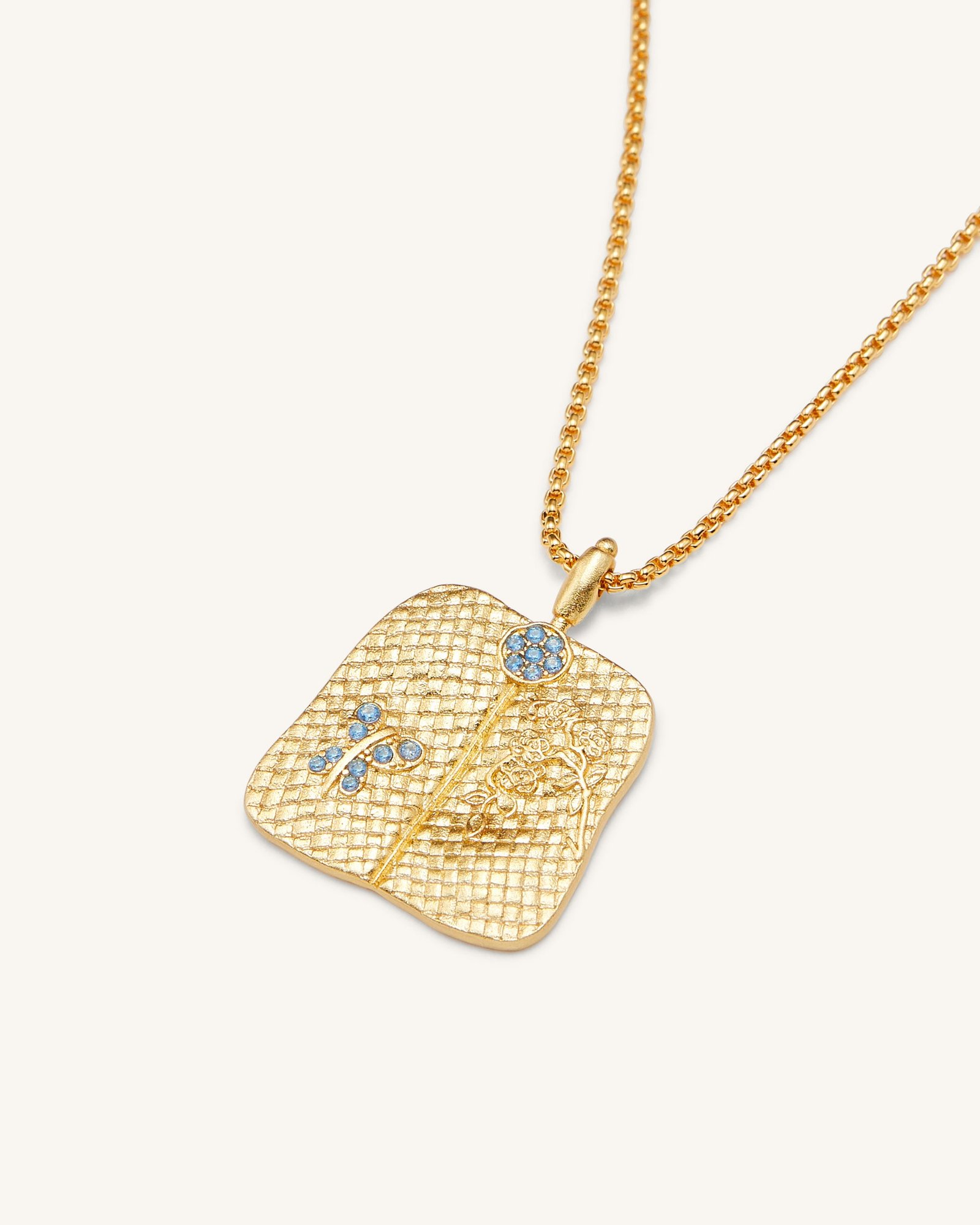 NE001-1_b_4f0e464f-e9ef-4af7-aa94-4e3f26cd66a9 Plantain Fan Pendant Necklace - 18ct Gold Plated & Sea Blue Zircon & Green Nano - Image 2