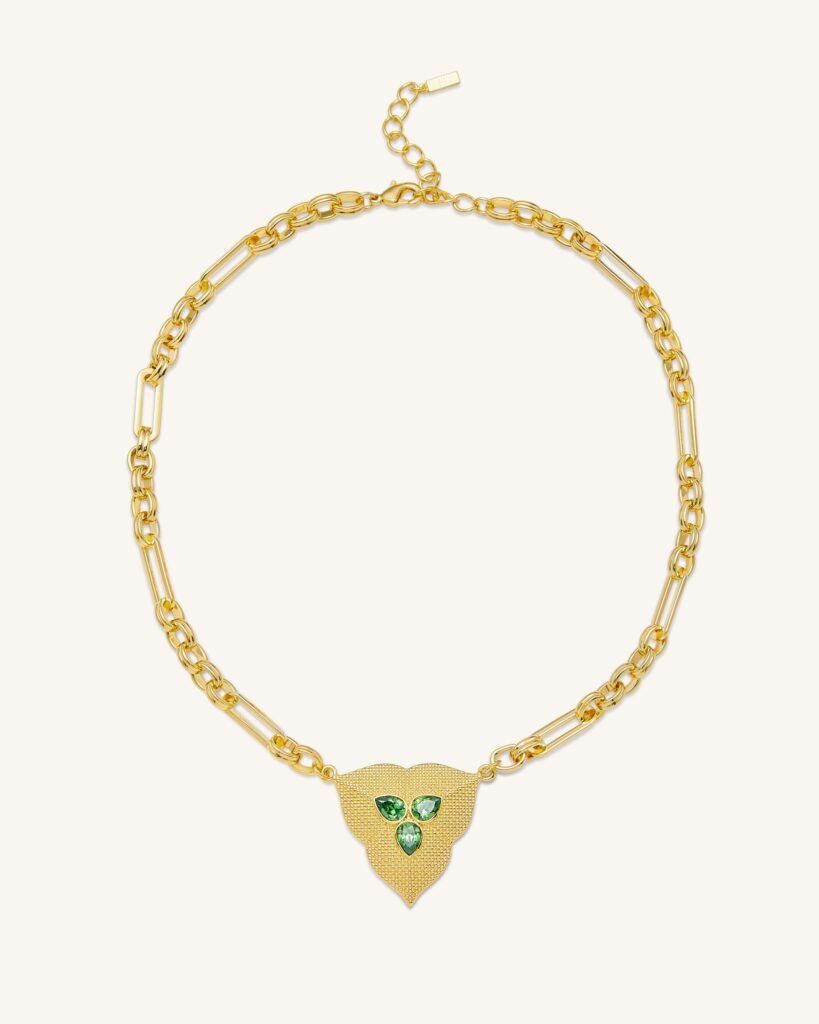 Leaf Pendant Necklace - 18ct Gold Plated & Dark Green Zircon - Image 2