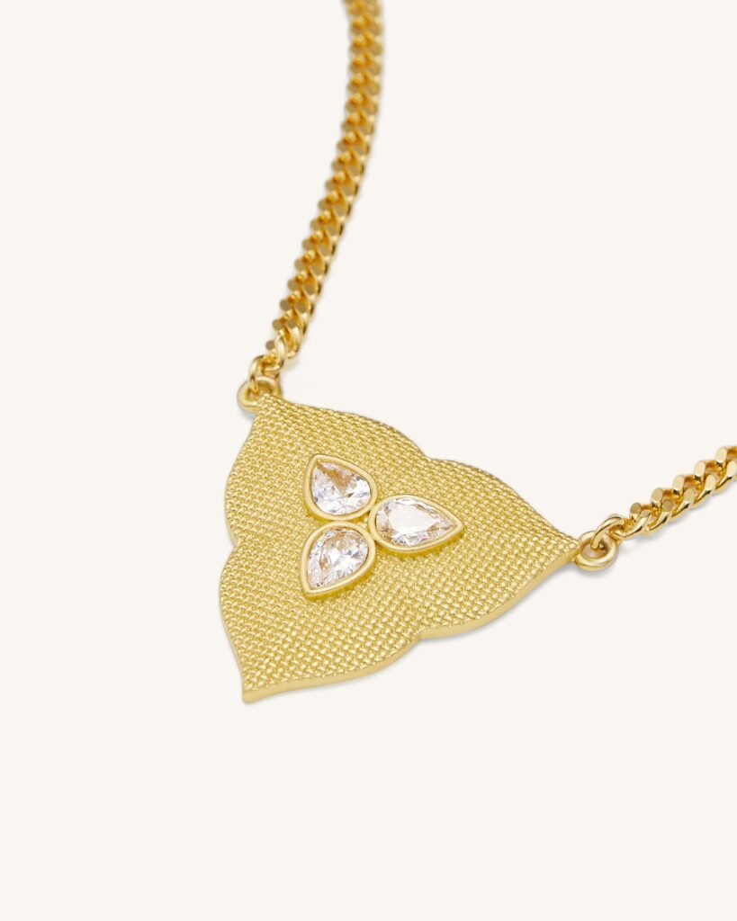 Leaf Pendant Necklace - 18ct Gold Plated & White Zircon - Image 1