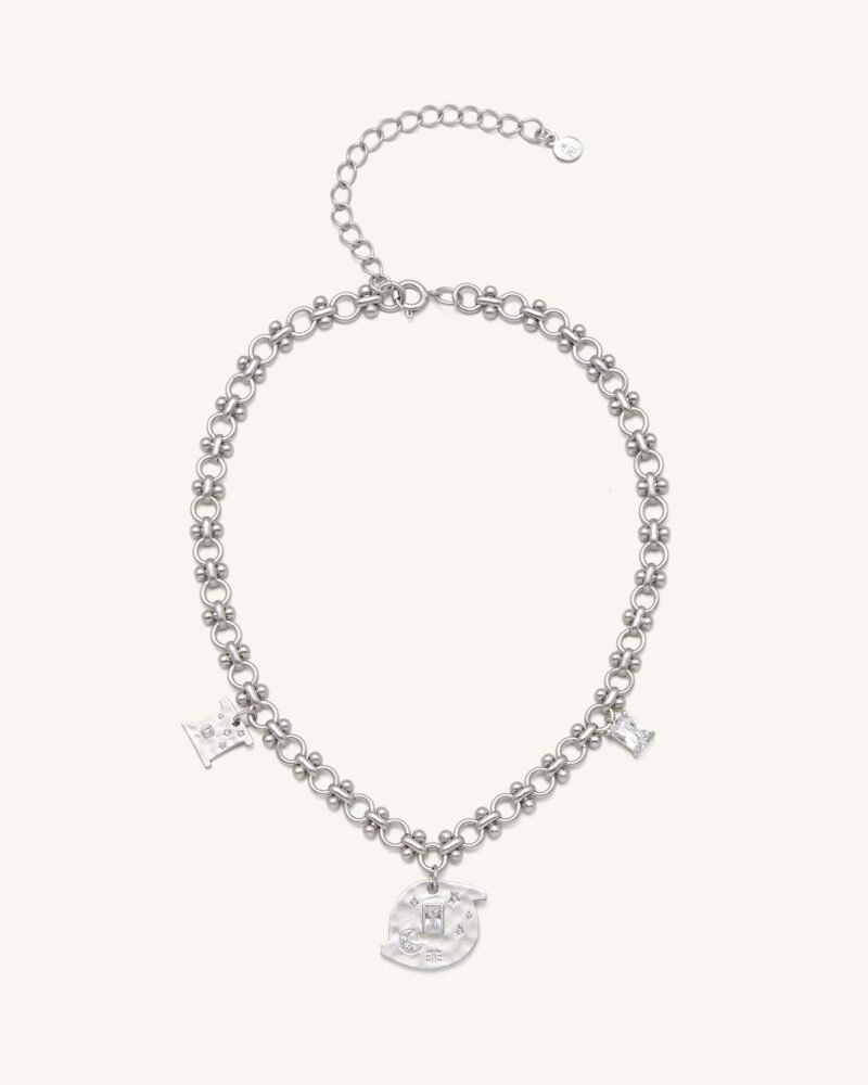 Cosmos Round Multi Charm Necklace - 18ct White Gold Plated & White Zircon - Image 1
