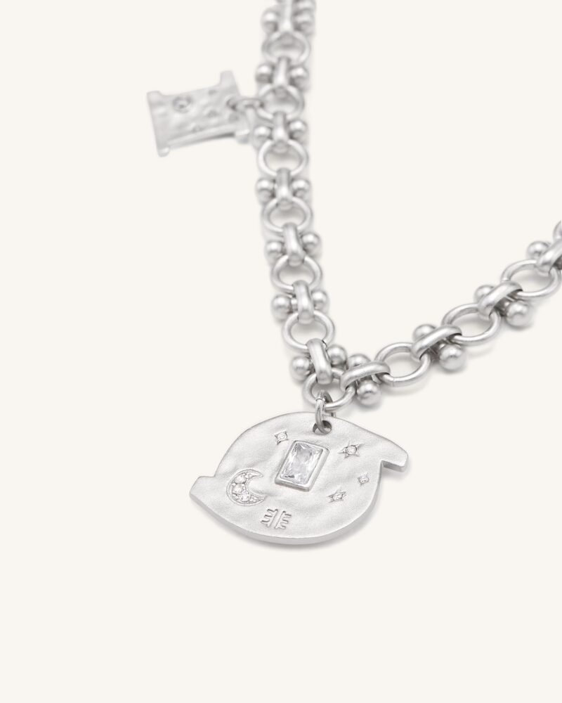 Cosmos Round Multi Charm Necklace - 18ct White Gold Plated & White Zircon - Image 2