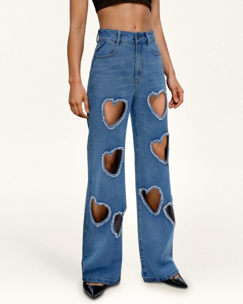 Sophia Embellished Heart Cut-Out Denim Jeans - Medium Blue - Image 1