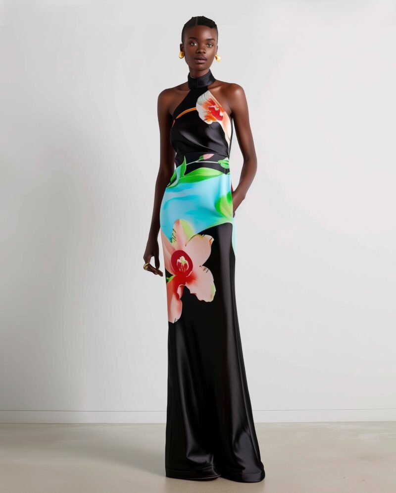 Floral Satin Halter Dress - Multicolor Black - Image 1