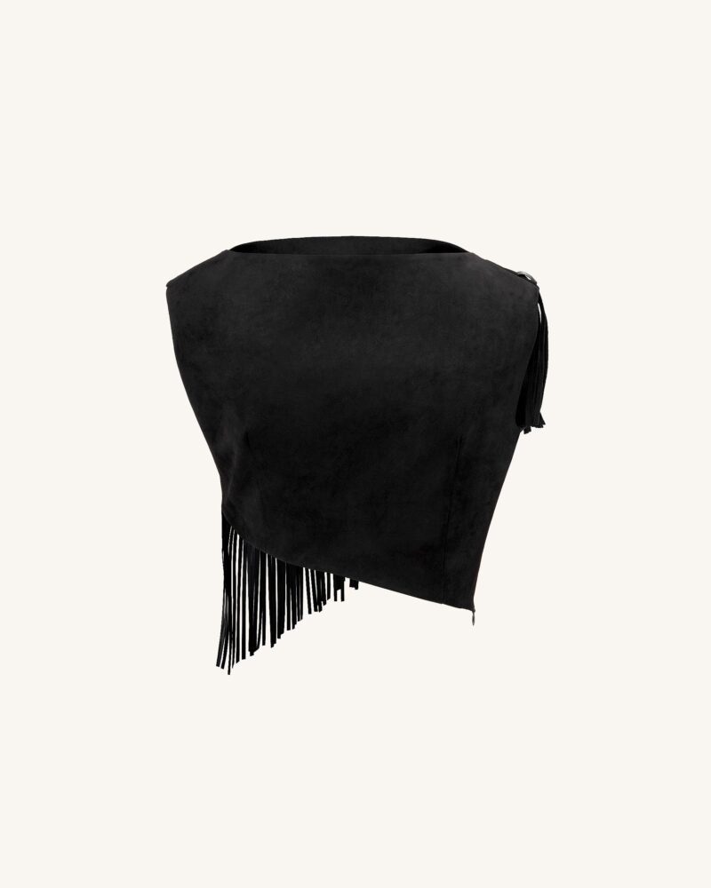 Ariana Asymmetric Fringe Sueded Top - Black - Image 6