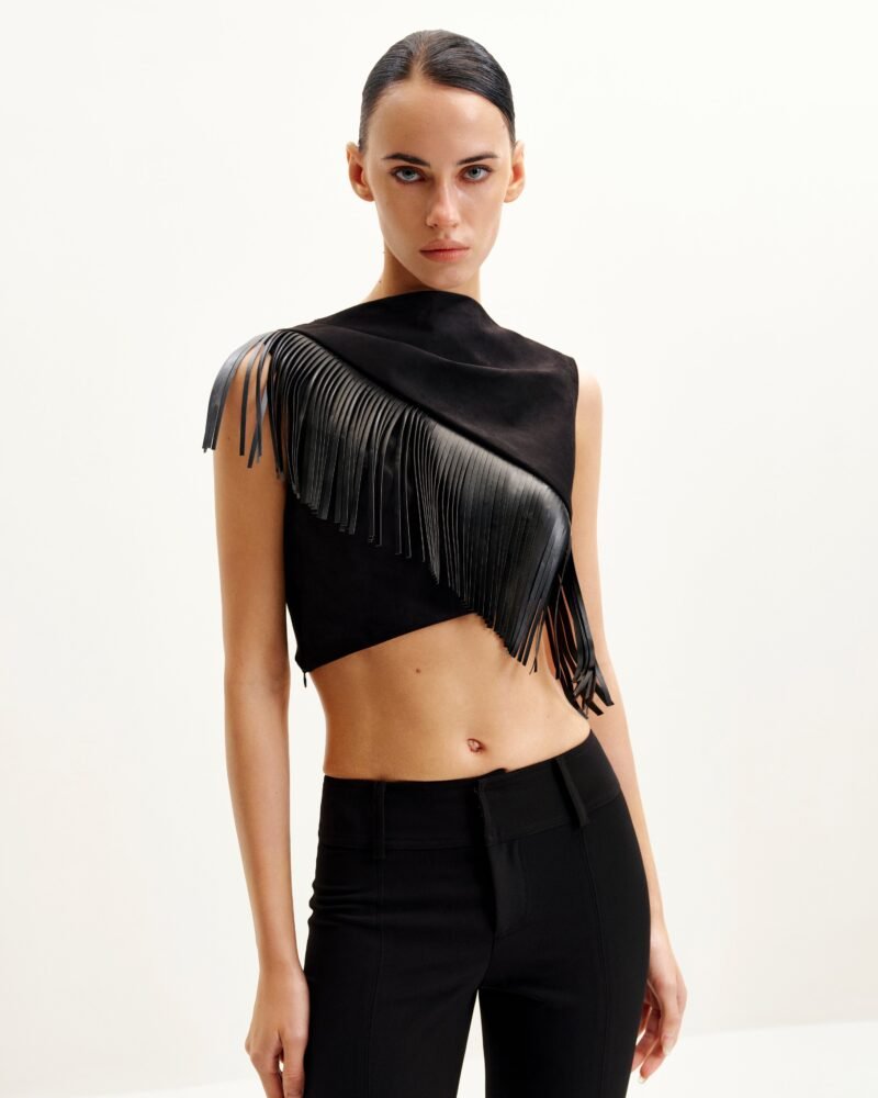 Ariana Asymmetric Fringe Sueded Top - Black - Image 2