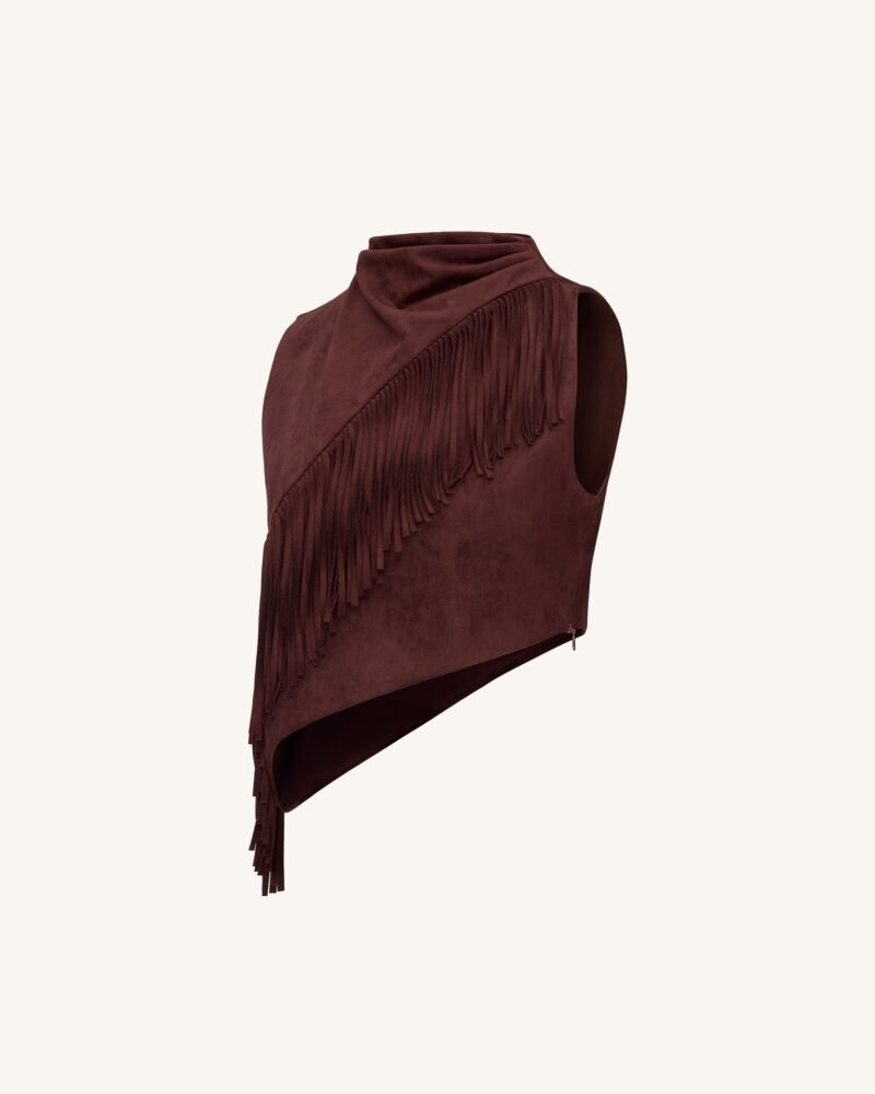 Adeline Asymmetric Fringe Sueded Top - Burgundy - Image 4