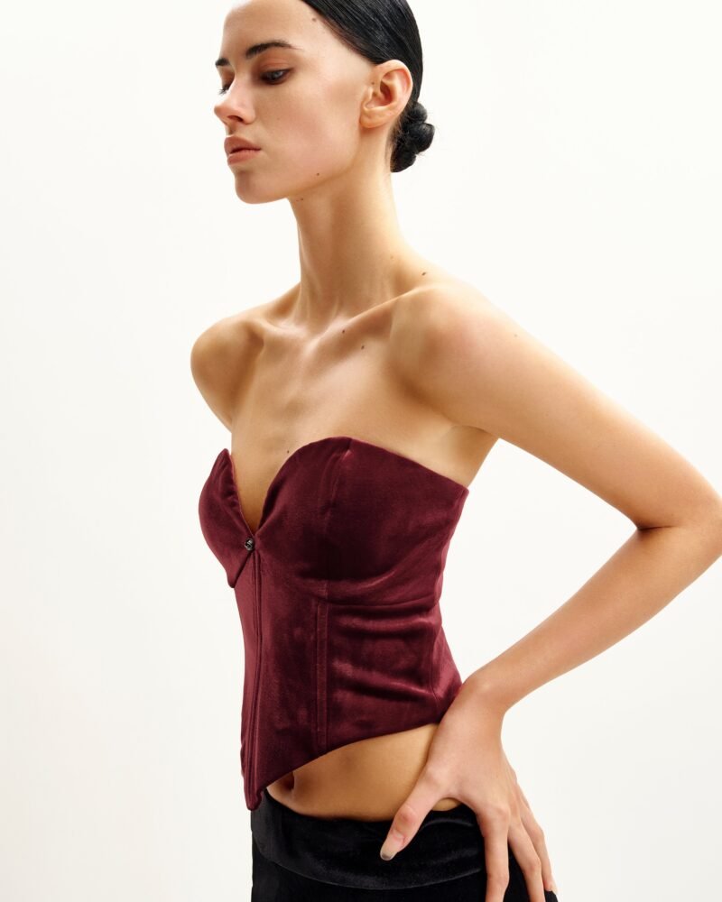 Anna Low-cut Velvet Corset Top - Claret - Image 2