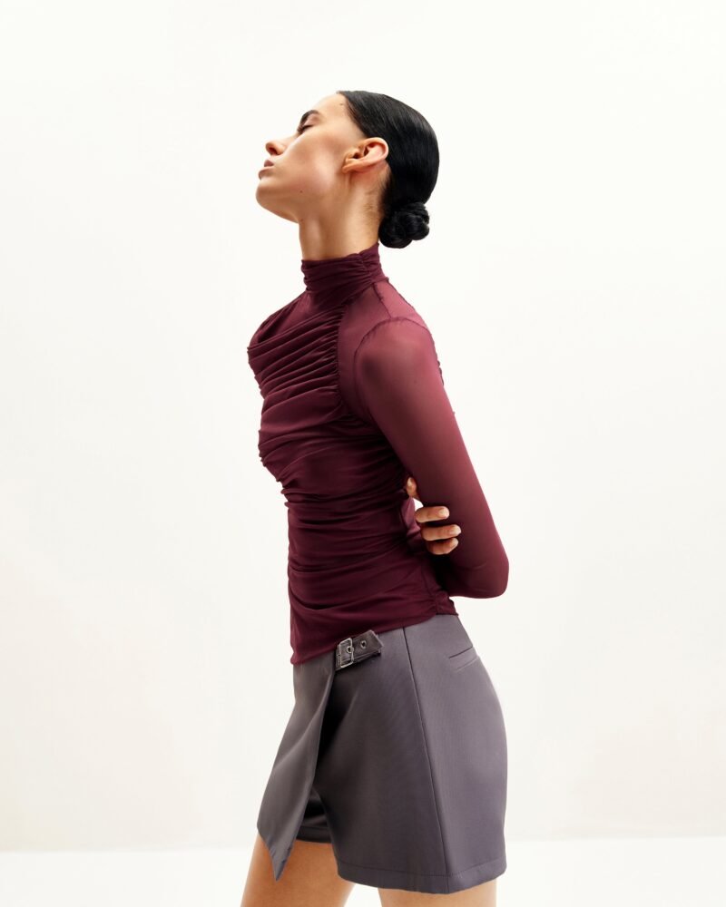 Ella Sheer Ruched Turtleneck Top - Burgundy - Image 3