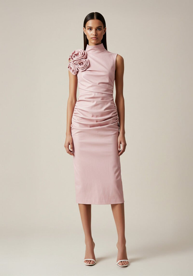 Rosette Shoulder Midi Dress – Pink - Image 1