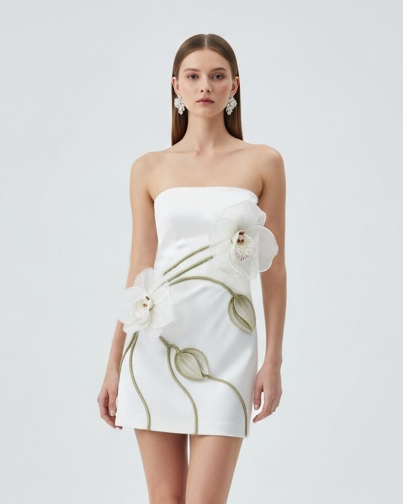 Orchid Appliqué Strapless Dress – White - Image 1