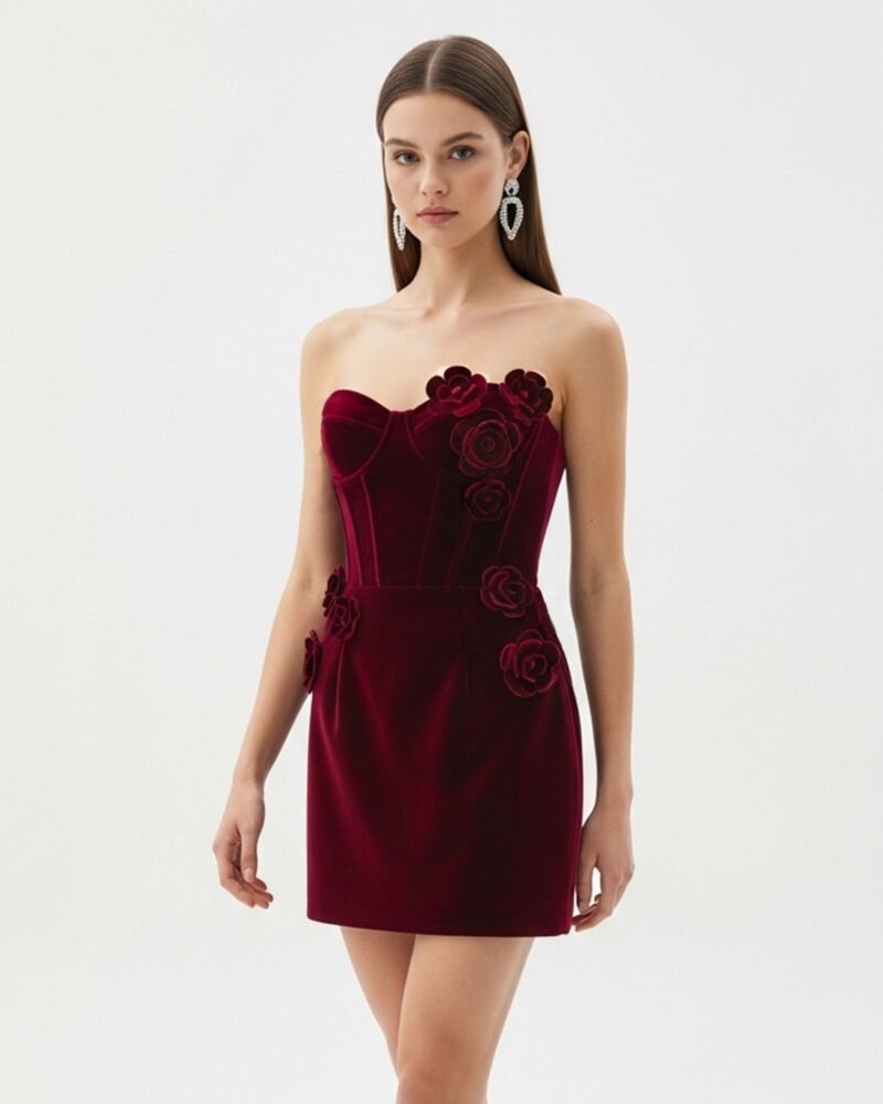 Rosette Strapless Mini Dress – Red - Image 1