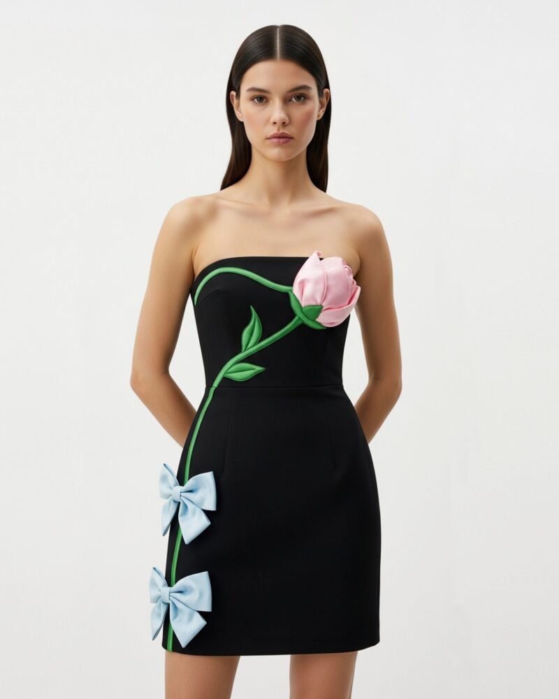 Strapless Floral Embellished Dress – Black - Image 1