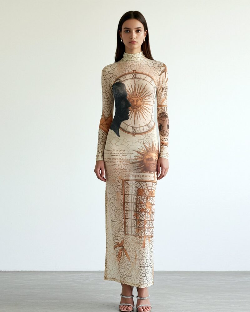 Sun Print Mesh Maxi Dress – Neutral - Image 1