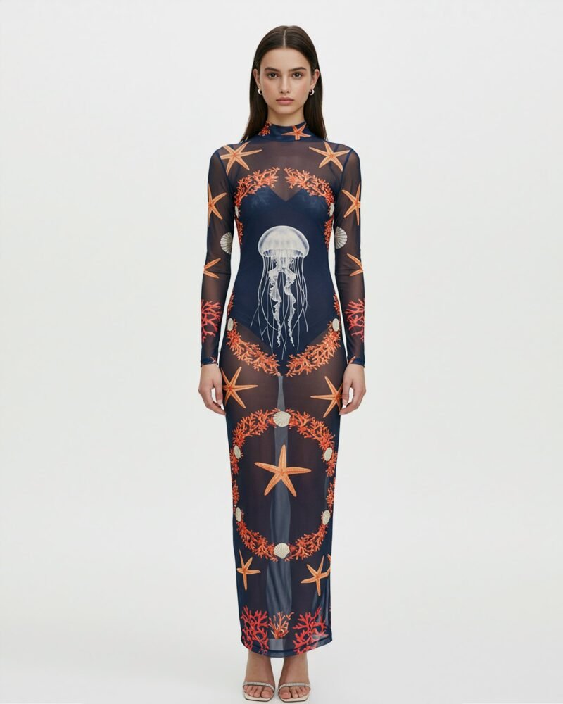 Sheer Ocean Print Mesh Maxi Dress – Navy - Image 1