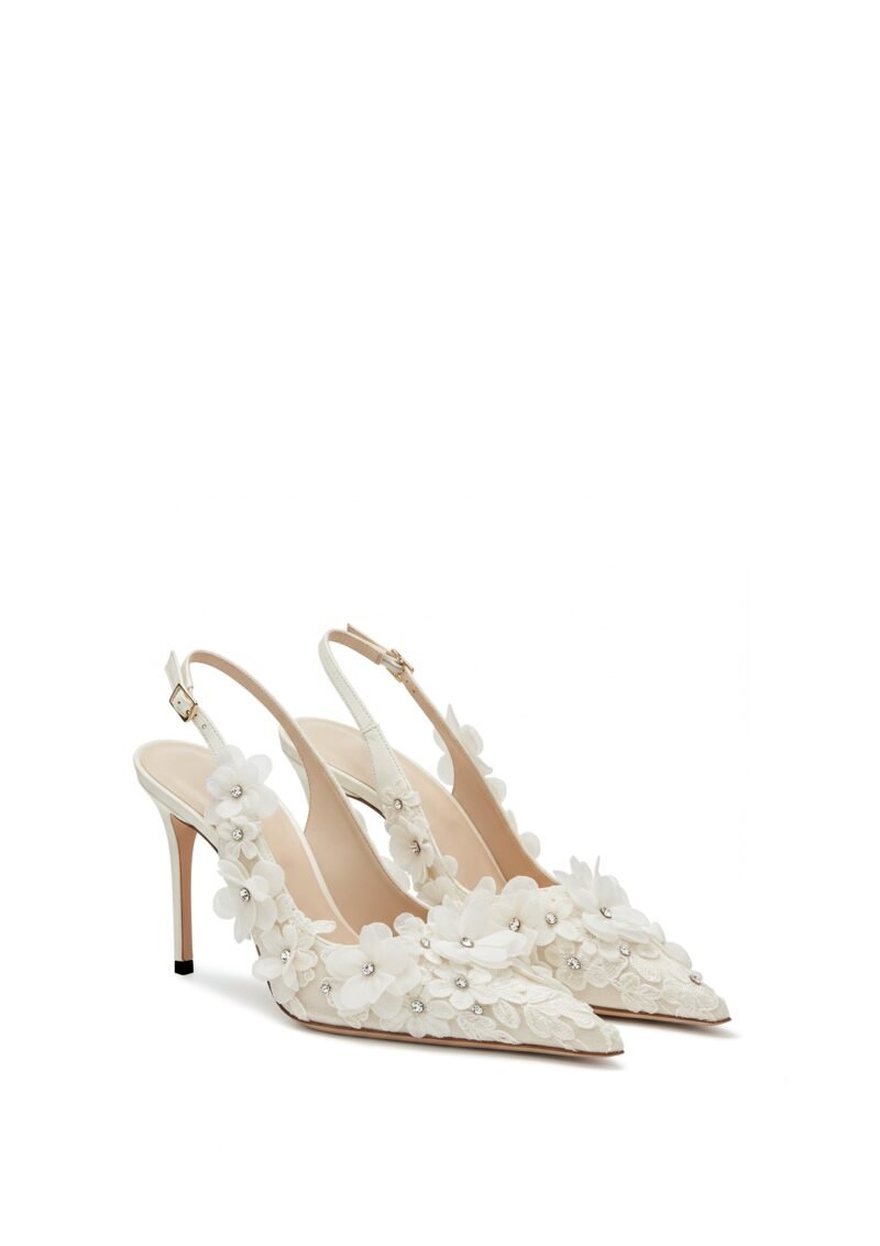 Lily Floral Slingback Pumps – White - Image 1