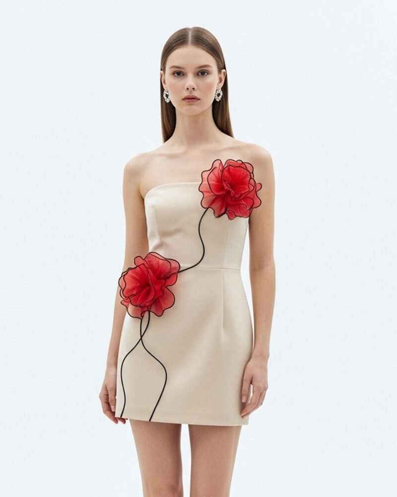 Rosette Appliqué Strapless Dress – Neutral - Image 1