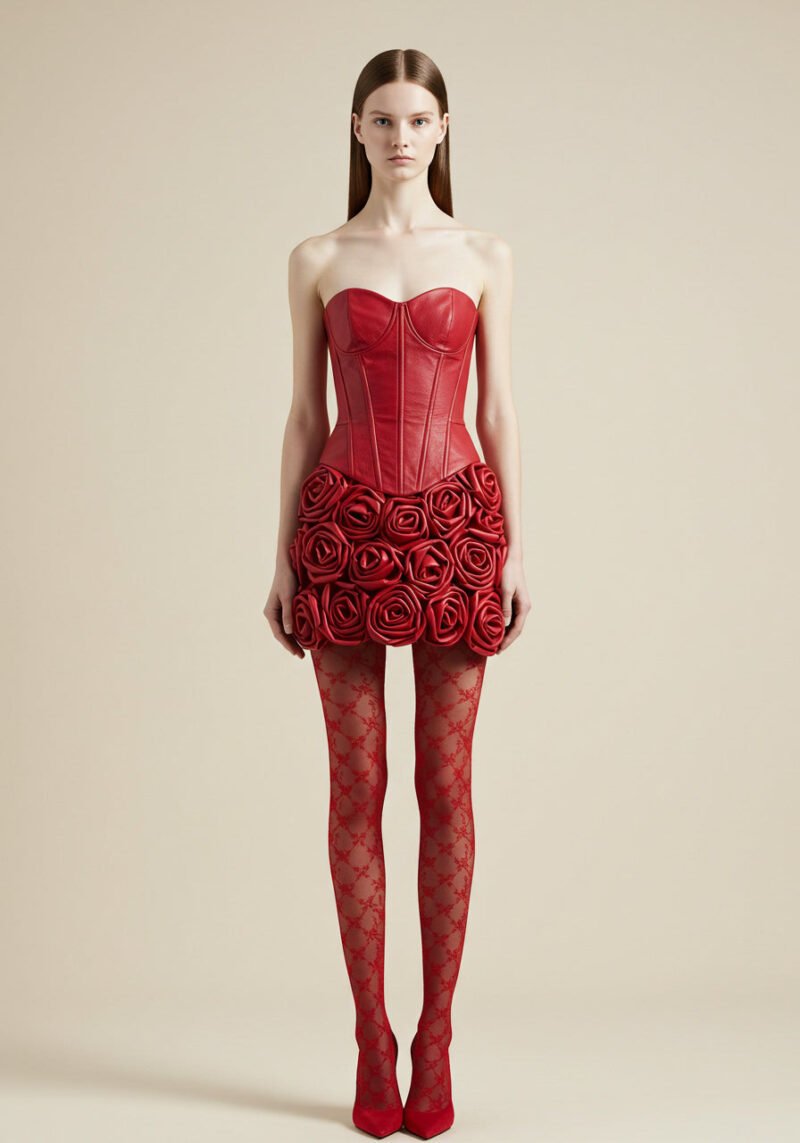 Strapless Rose Appliqué Dress – Red - Image 1