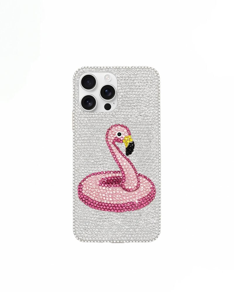 Pink Flamingo Artificial Crystal Phone Case – White - Image 1