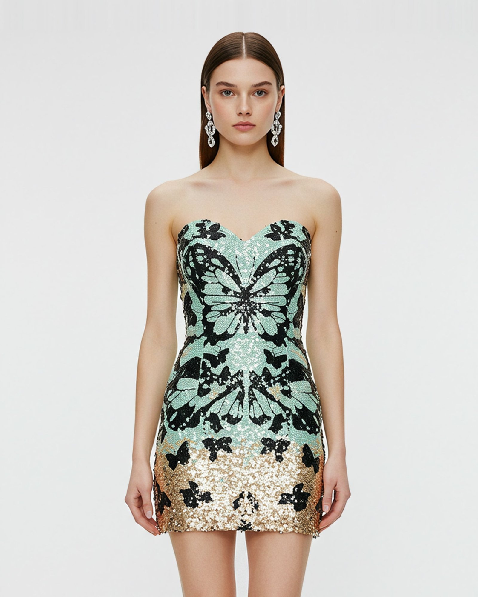 unnamed_4f146103-1ebd-44e8-91bd-7e997b1c8e06 Sequin Butterfly Strapless Dress – Green - Image 1