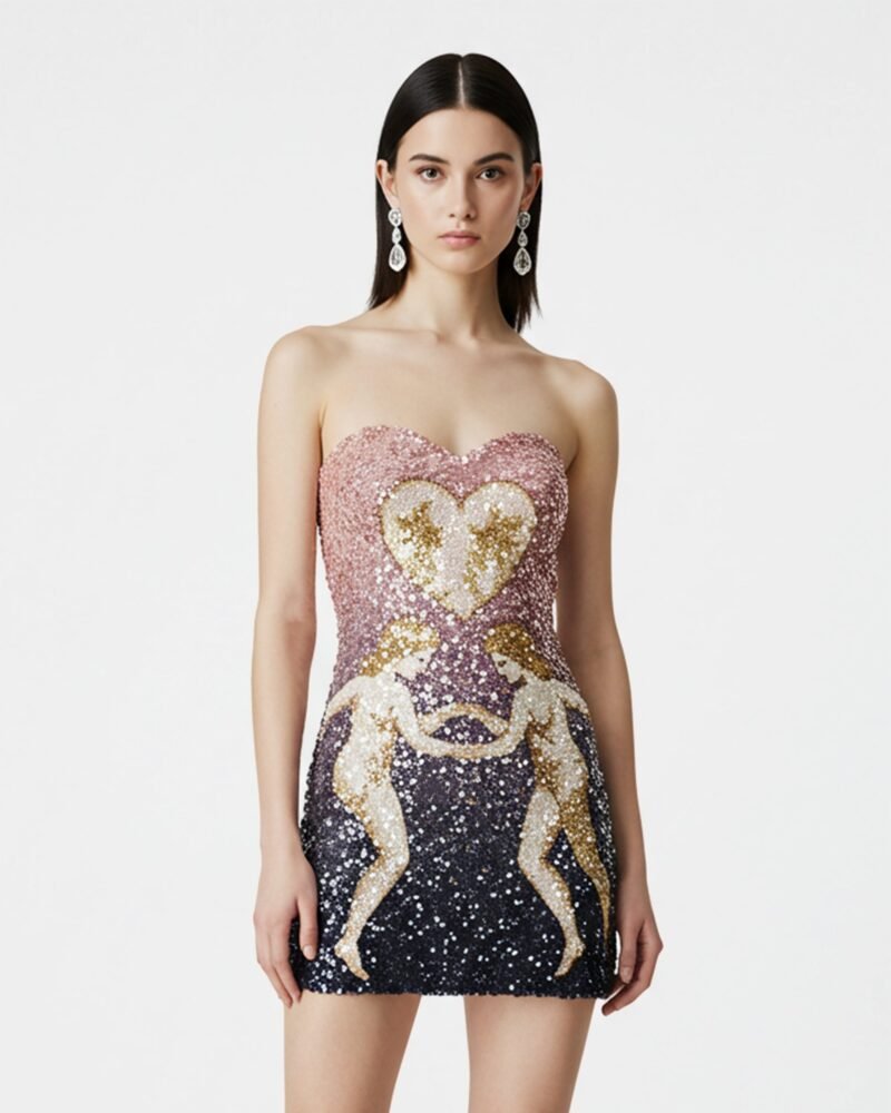 Sequin Heart Embroidery Mini Dress – Pink - Image 1