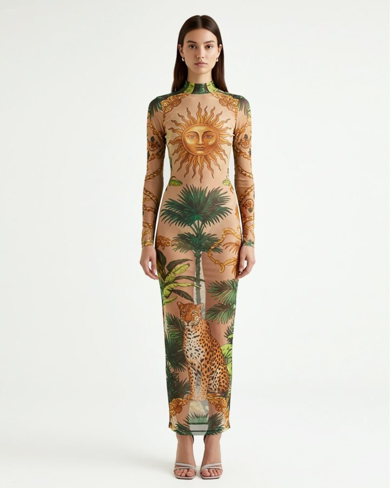 Sun Motif Mesh Maxi Dress – Beige - Image 1