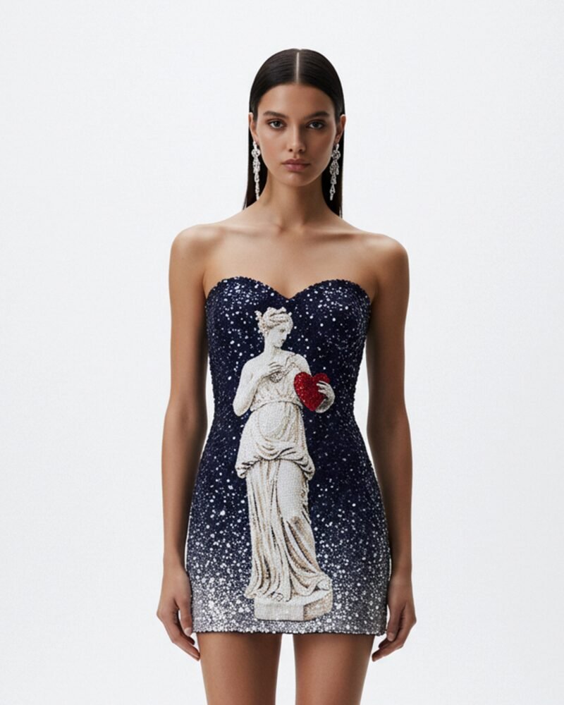 Statue Appliqué Strapless Dress – Navy - Image 1