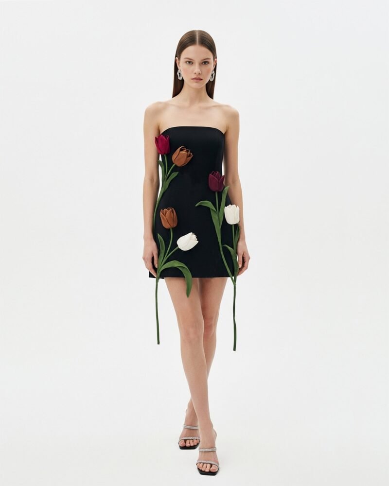 Tulip Appliqué Strapless Dress – Black - Image 1