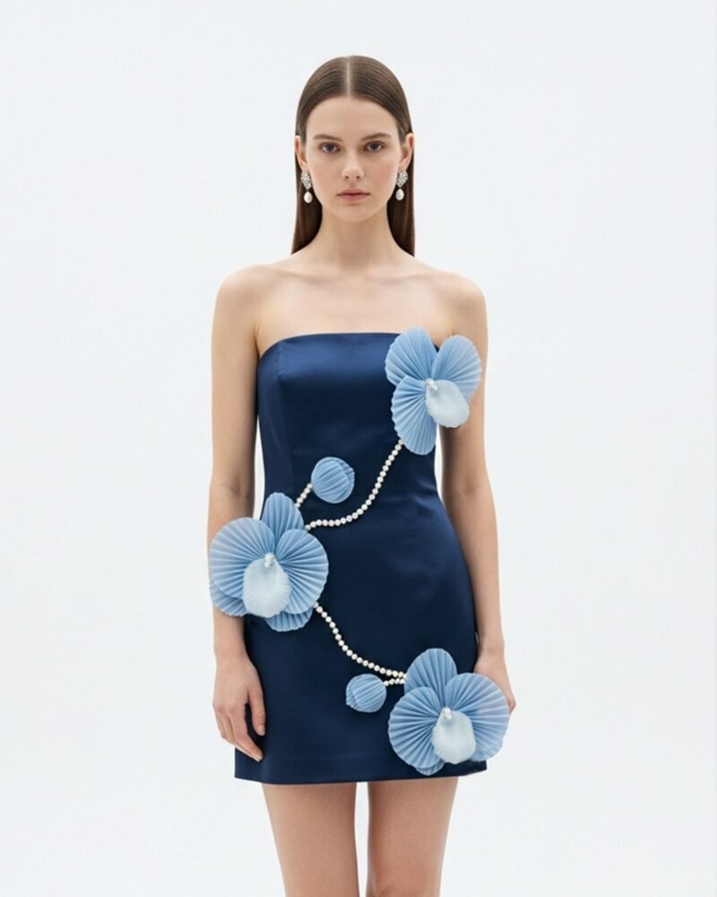 Sculpted Floral Mini Dress – Navy - Image 1