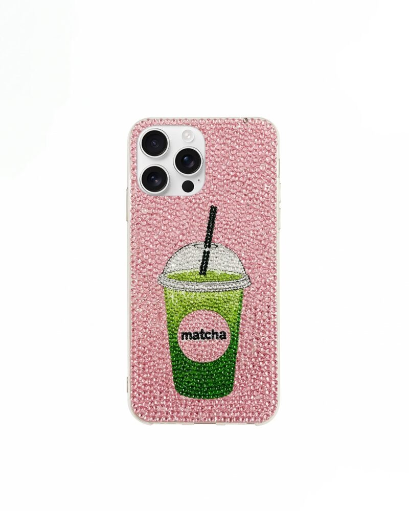 Matcha Drink Artificial Crystal Phone Case – Pink - Image 1