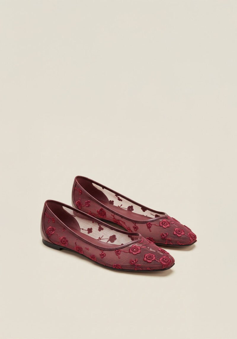 Ruby Floral Mesh Flats – Red - Image 1
