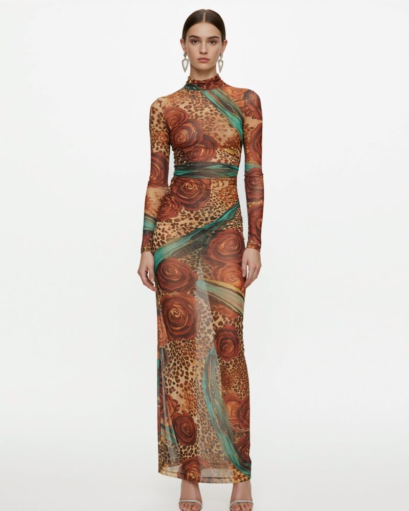 Sheer Animal Mesh Rose Print Dress – Brown - Image 1