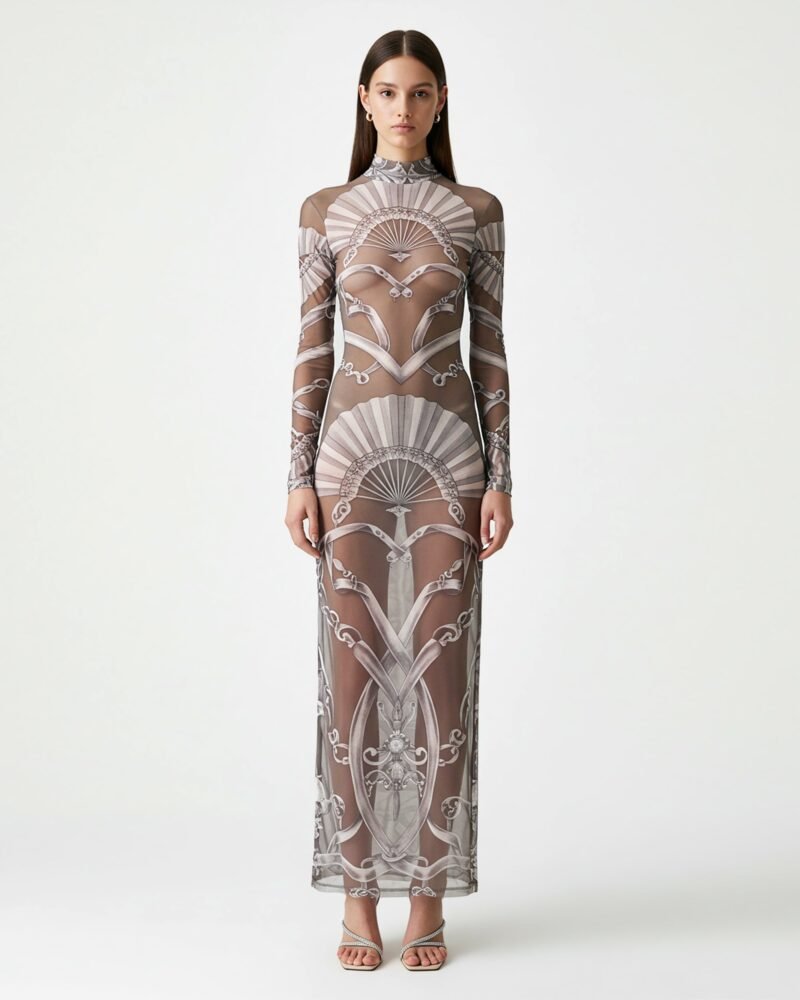 Sheer Print Mesh Maxi Dress – Neutral - Image 1