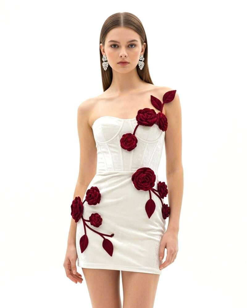 Rosette Appliqué Strapless Dress – White - Image 1