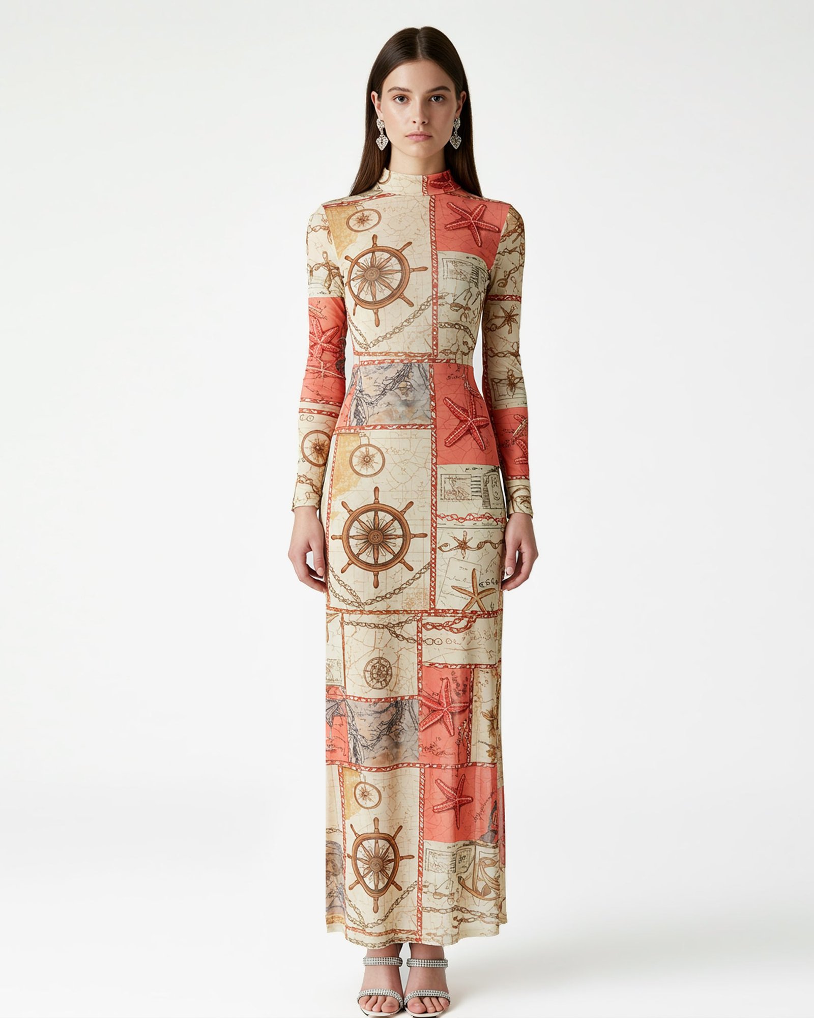 unnamed_a0c40317-6628-4e00-acf5-7974c8fc28e9 Patchwork Nautical Print Mesh Maxi Dress – Coral Beige - Image 1