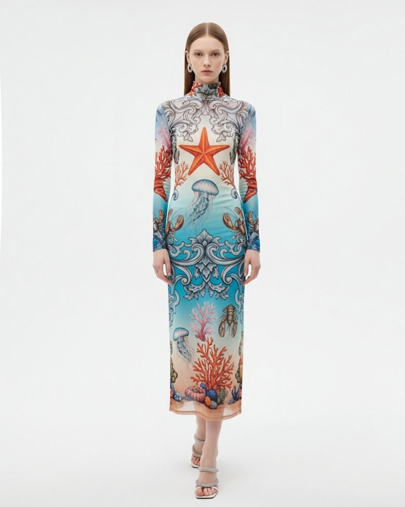 Ocean Print Mesh Bodycon Dress – Blue - Image 1