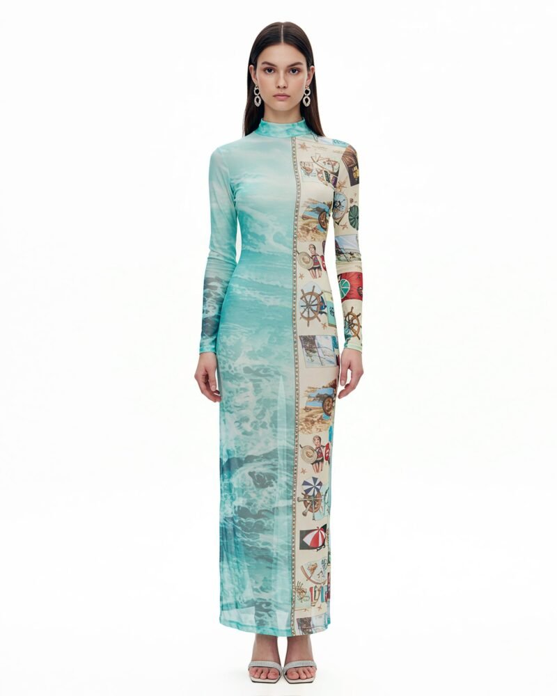 Ocean Print Mesh Maxi Dress – Aqua Blue - Image 1