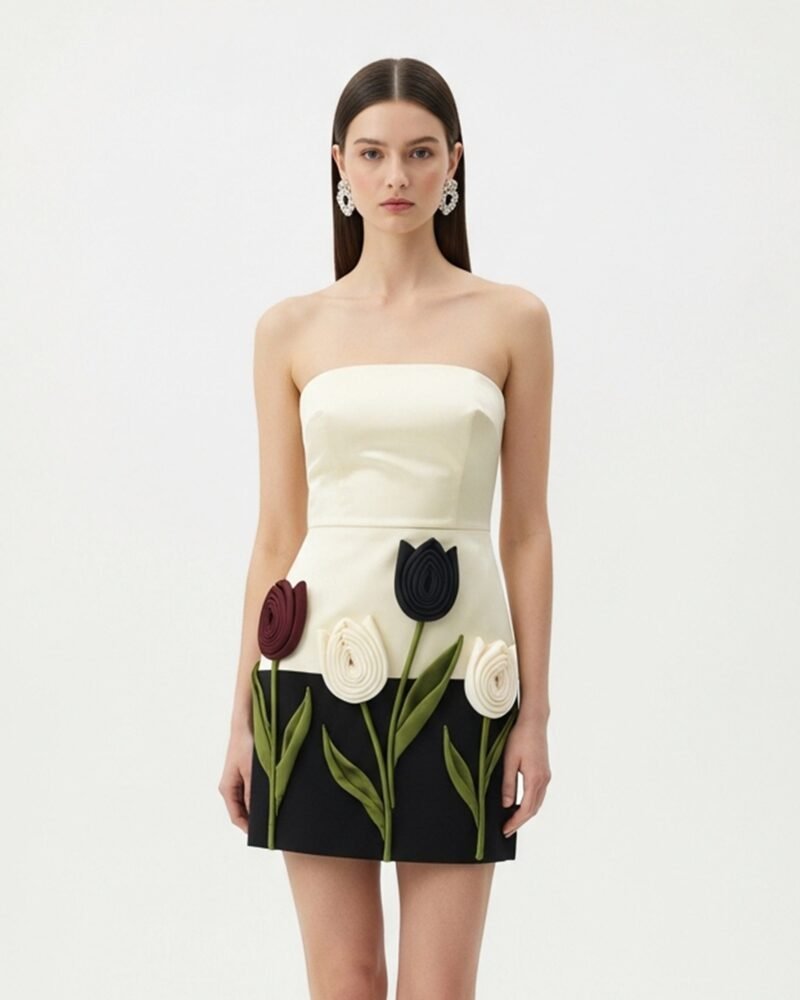 Strapless Floral Appliqué Dress – Black - Image 1