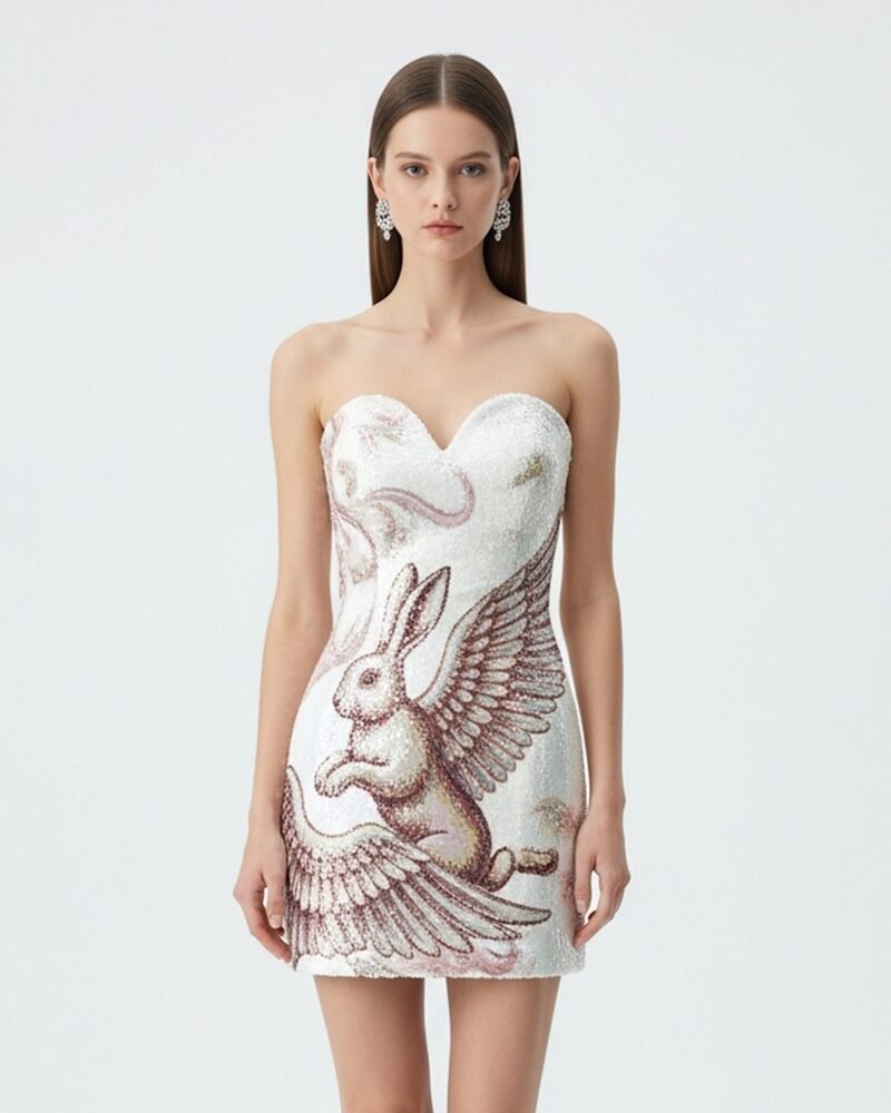 Sequin Bunny Strapless Dress – White - Image 1