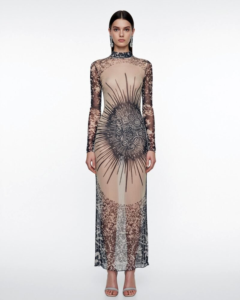 Sheer Printed Mesh Maxi Dress – Black - Image 1