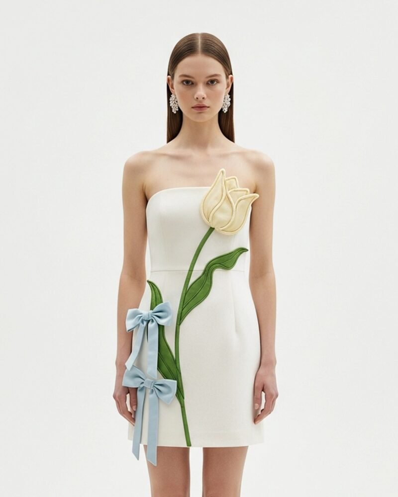 Strapless Tulip Appliqué Mini Dress – White - Image 1