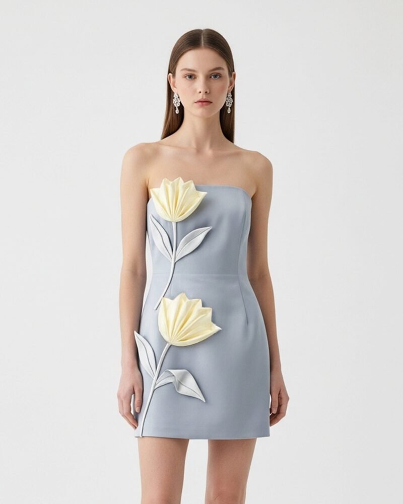 Strapless Floral Appliqué Dress – Blue - Image 1