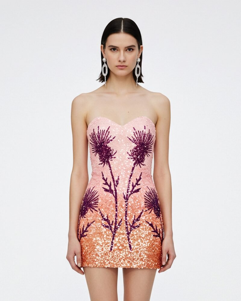 Sequin Floral Strapless Dress – Pink - Image 1
