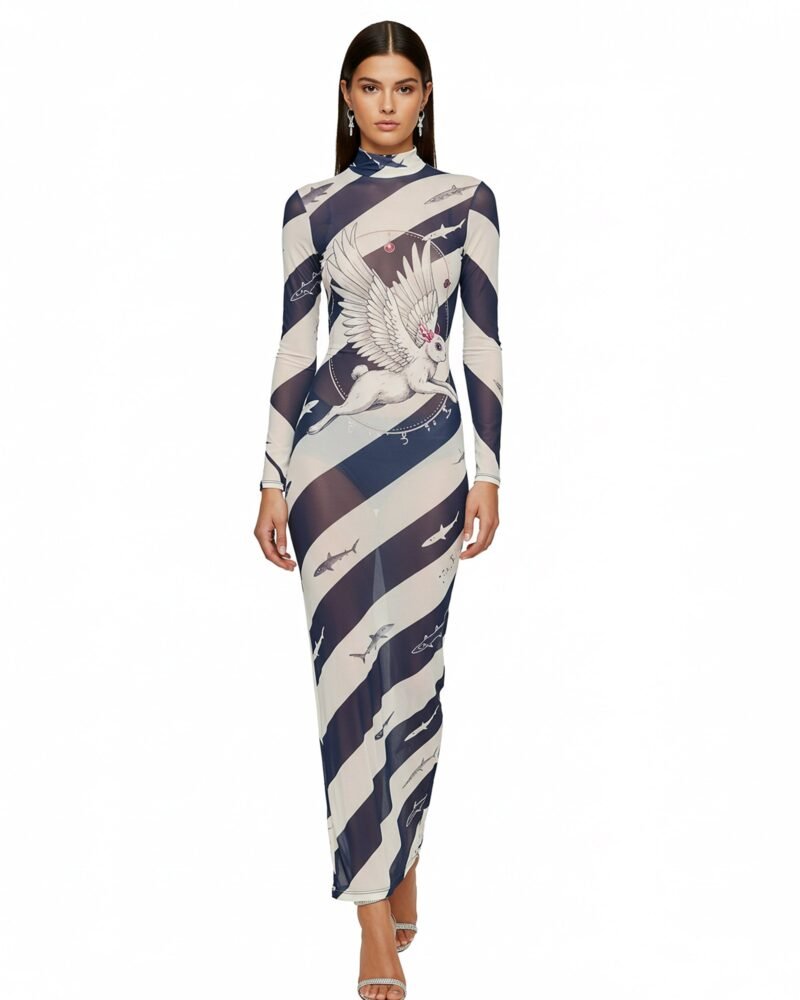Striped Mesh Printed Dress – Blue - Image 1